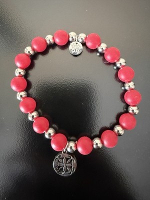 Rustic Cuff ERIN Red Silicone Bead Stretch Bracelet Silver Logo Charm