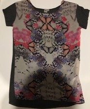 ASOS Gray Multicolor Butterfly Semi-Sheer Tunic Blouse Short Sleeve Sz 4