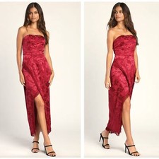 LULUS Ignite My Love Burgundy Embossed Strapless Fringe Midi Dress {BB17}