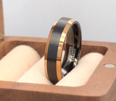 Black Brushed Finish Ring Traditional Style Band Rose Gold Domed Tungsten Ring 