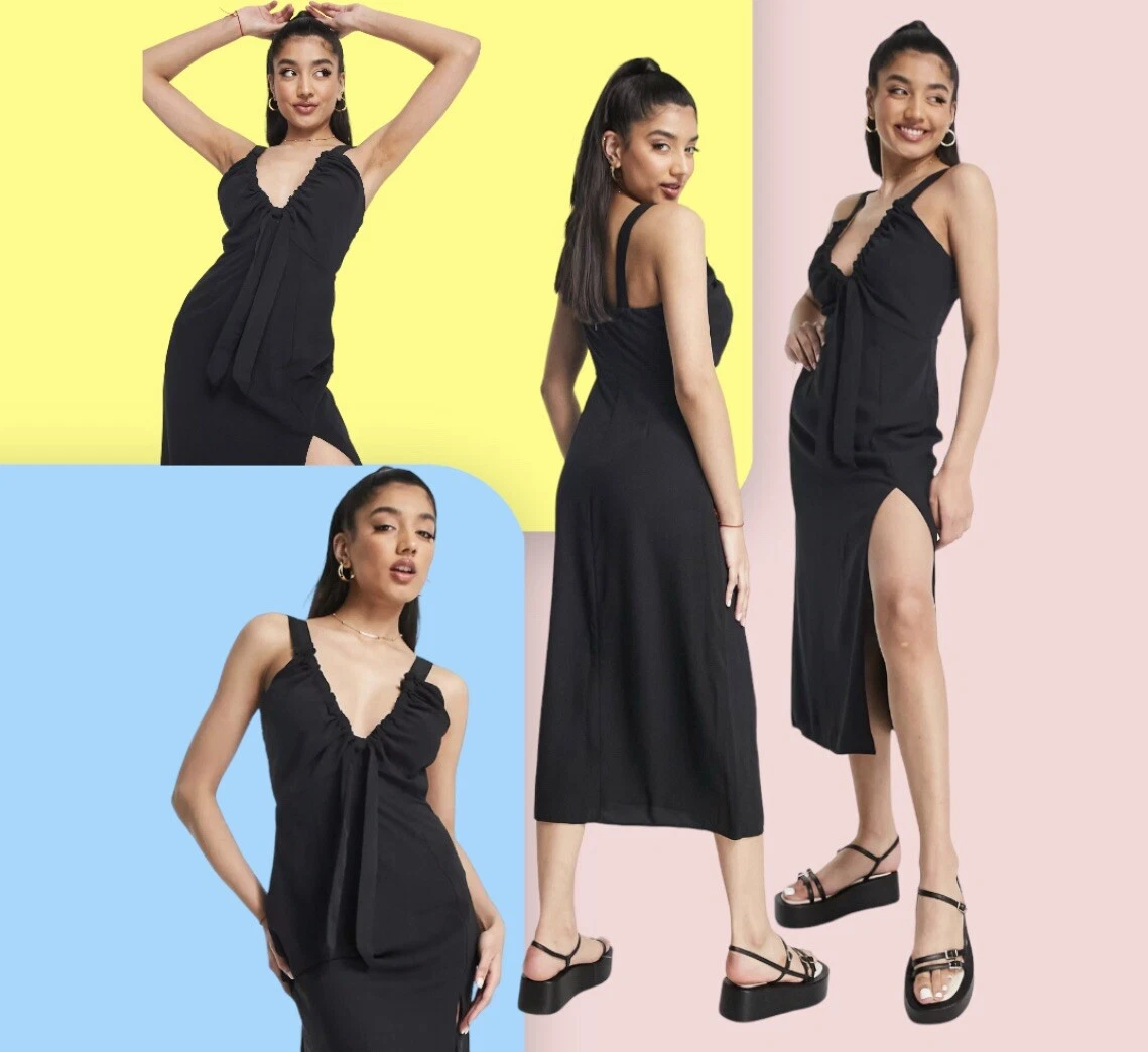 In The Style x Yasmin Chanel satin maxi dress with thigh slit in black