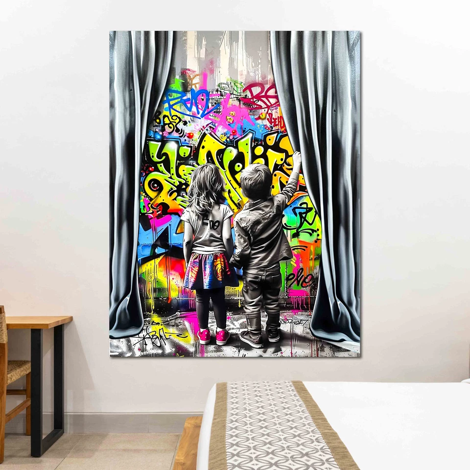 Kunstdruck auf Leinwand - Boy and Girl vor dem Graffiti (div. Größen) Street Art - Bild 2 von 4