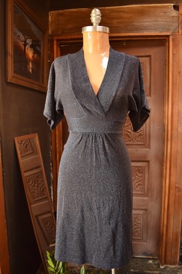 H&M Womens V-Neck Short Kimono Sleeves Blue Gray Metallic Dress XS