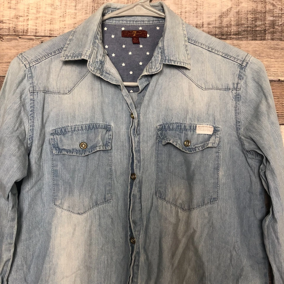Camisa Top 7 For All Mankind Niñas Jean Abotonada Cambray Talla XL Foto 3 de 4