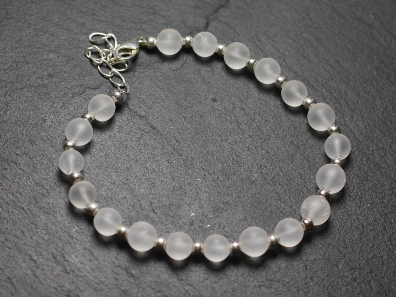Bracelet argent 925 avec pierre de cristal quartz mat 6mm, le cadeau idéal