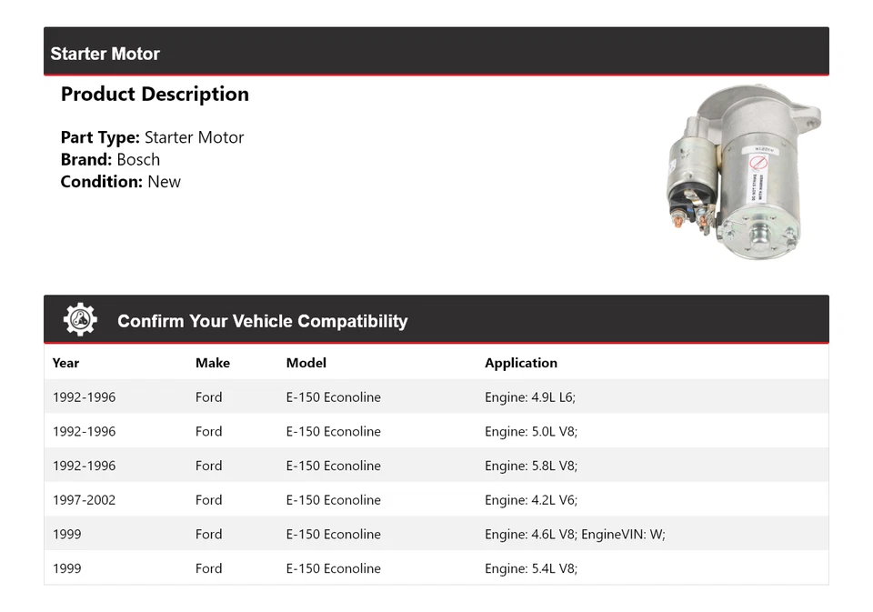 Para 1992-2002 Ford E-150 Econoline Bosch Starter (Novo) 1993 1994 1995 1996 1997 - Imagem 2 de 4