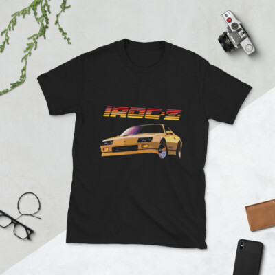 Retro 80's Z28 Camaro IROC-Z Short Sleeve T-Shirt - Unisex, Black, Classic Muscle Car Design