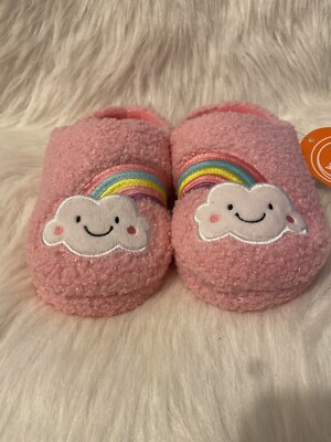Wonder Nation Slippers Girls Size 2-3 Pink Fuzzy Rainbow Slip On Shoes