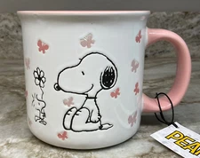 Large Coffee Mug Peanuts Snoopy And Woodstock Spring Pink Butterflies New