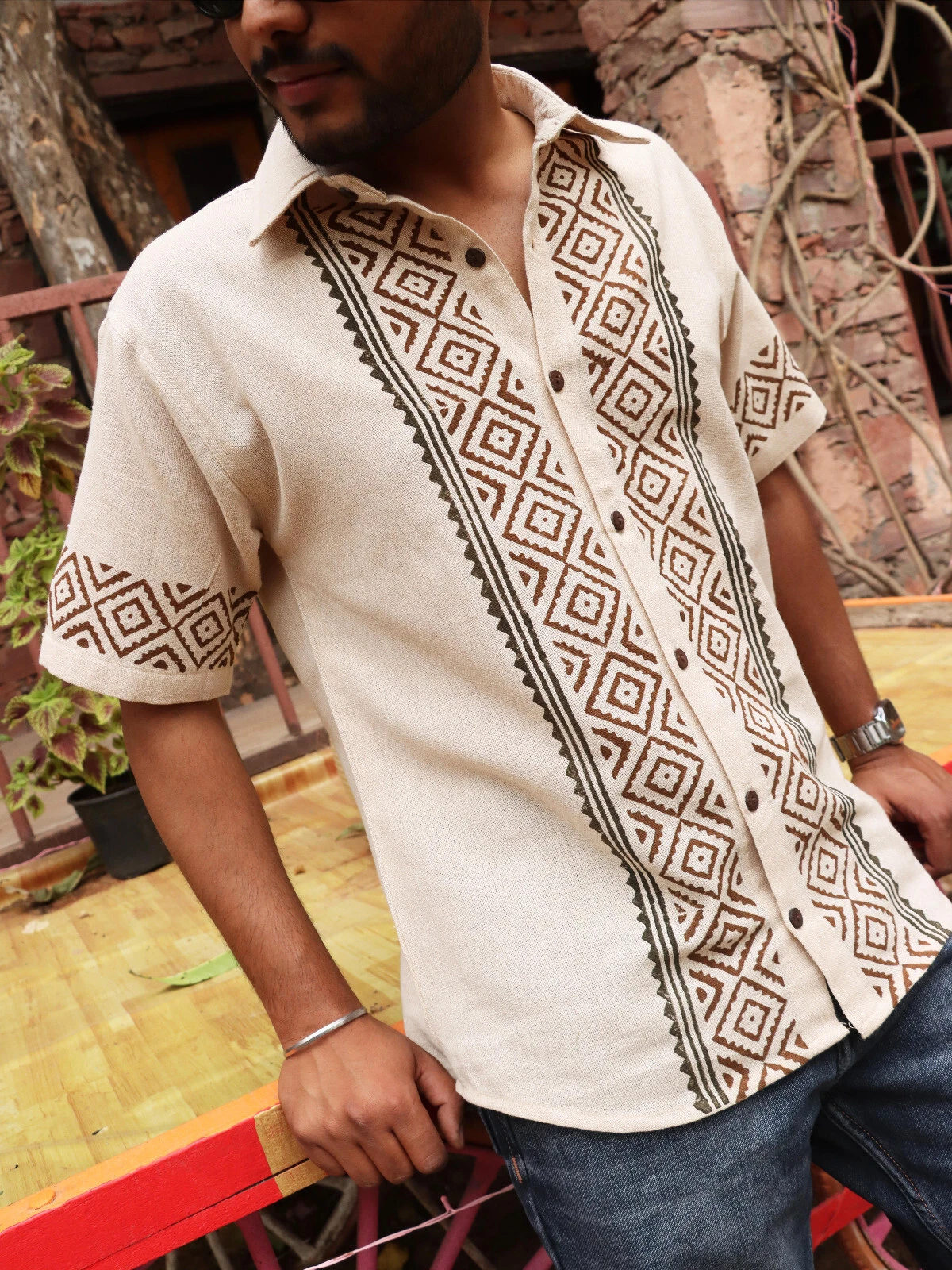 Men's Bohemian Half Sleeve Shirt Diamond Block Print Travel Summer Beach Shirt