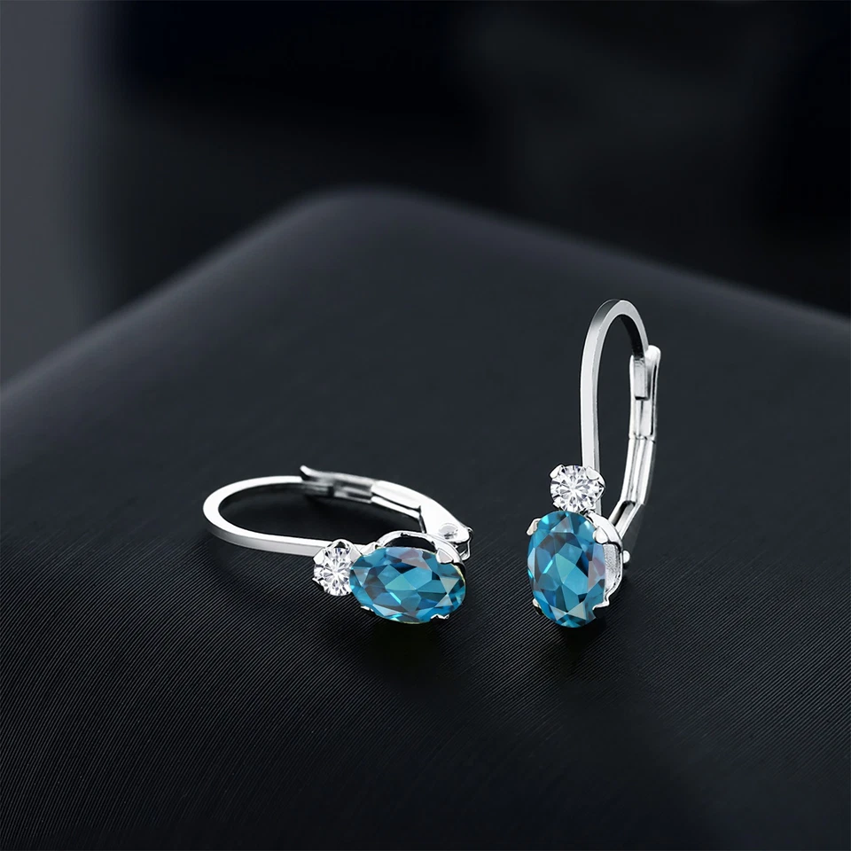 14K White Gold London Blue Topaz and Diamond Leverback Earrings For Women | - Image 3 of 4