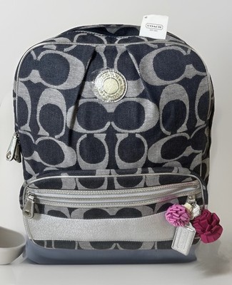 2000s Y2K Coach Signature Monogram Denim SIS Backpack Book Bag Blue Pink Lining Coach denim backpack signature - Gem main image 2
