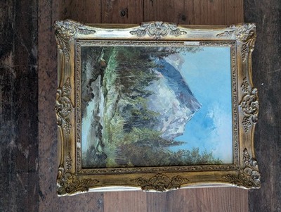 Ölgemälde Berglandschaft Alpen 1978 signiert rustikaler Barockrahmen Bronze