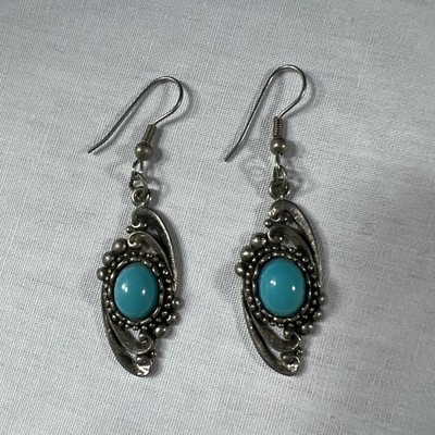 Vintage ege89 Pewter Dangle Hook Earrings With Turquoise Color Bead