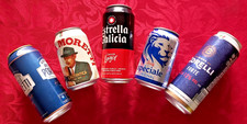 x 5 EMPTY BEER CANS ESTRELLA GALICIA, CORELLI, FLAG SPECIALE, PORETTI, MORETTI