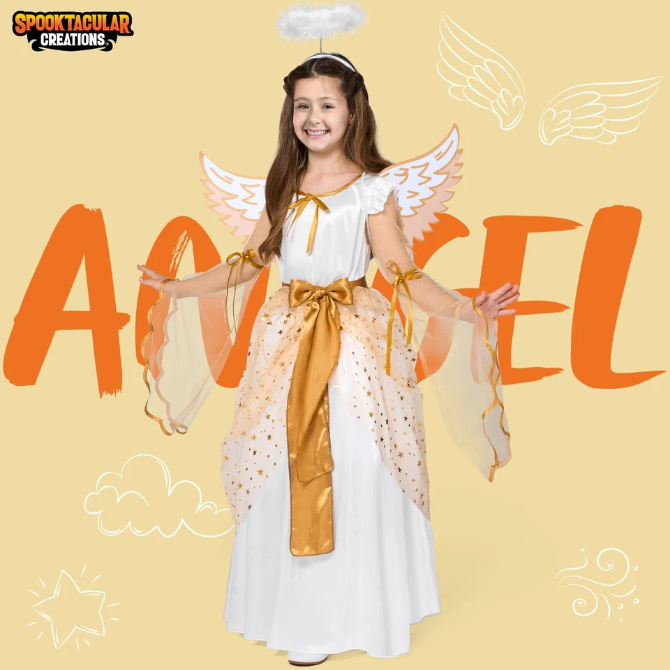 Disfraz de ángel de Halloween para niña - Vestido blanco dorado para niños 5-7 años Foto 2 de 4
