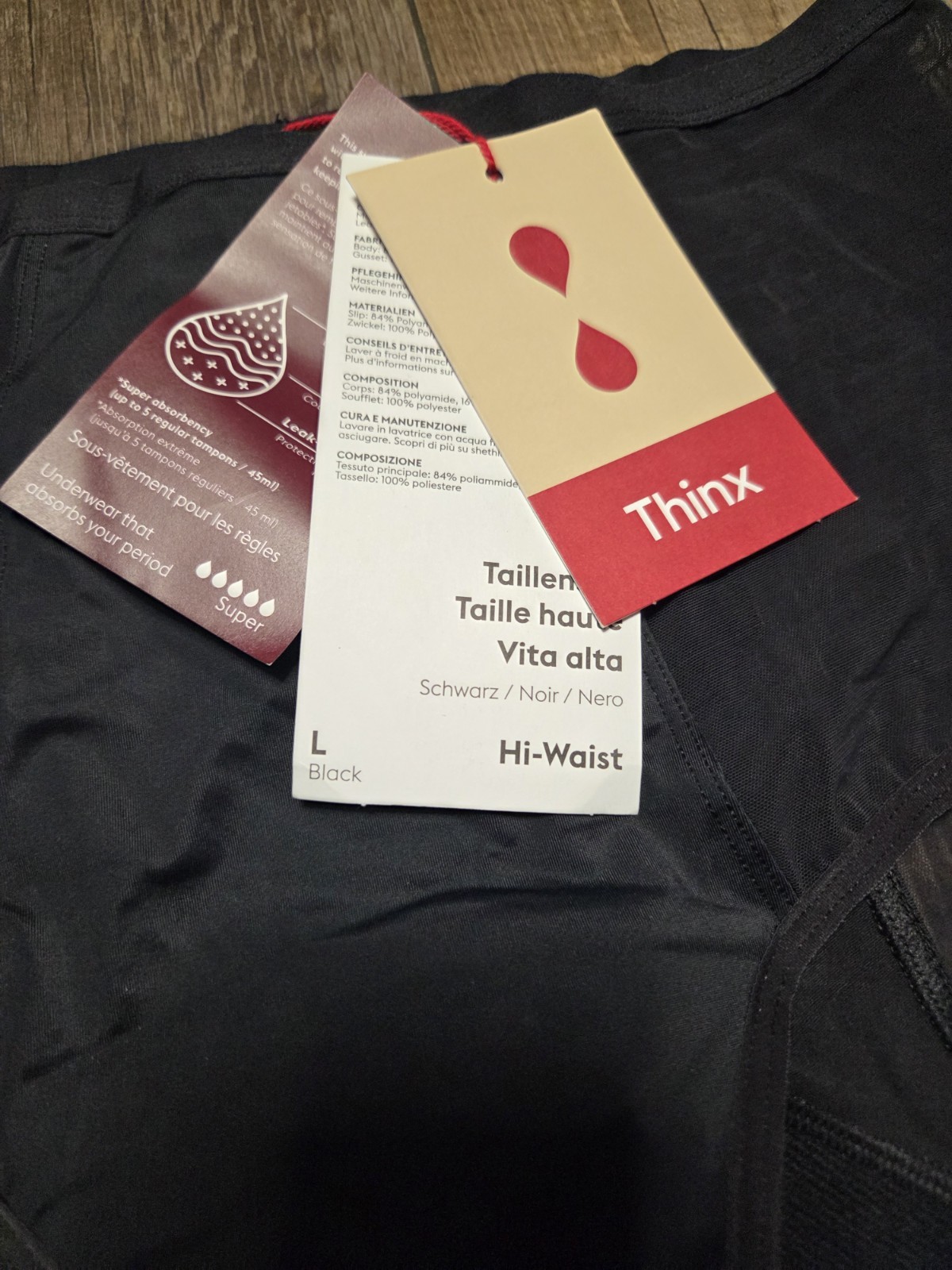 THINX COMFORT STRETCH SUPER ABSORBENCY BLACK HI-WAIST PERIOD PANTIES LARGE