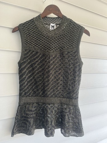 NWOT M by Missoni Sleeveless Peplum Knit Top Black Gold Metallic Size US 10 Slim - Picture 2 of 16