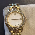 AD72 Lady Vintage Diamond GoldTone White Dial Seiko Watch Untested Sold As Is***