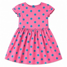 Mini Boden Girls Pink Blue Polka Dot Dress Sz 5-6Y Short Sleeve Cotton Zip Back