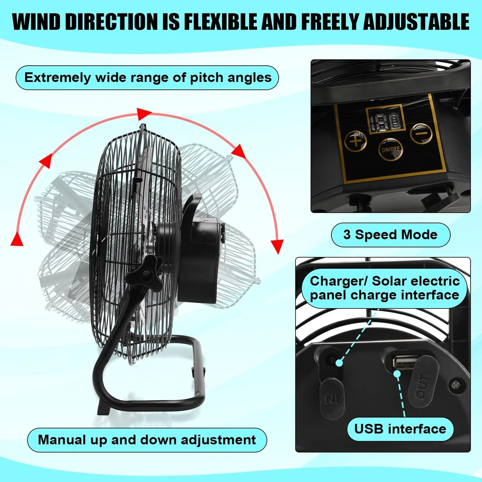 Ventilador alimentado por panel solar de 14 pulgadas, ventilador alimentado por panel solar 2 en 1 o cargador de CA... Foto 4 de 4