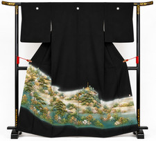 Japanese Black Tomesode Kimono Silk Traditional Gold Detail Vintage Japan