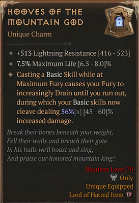  DIABLO 4 SEASON 13 Unique Charm Hooves of The Mountain God Life + LR 56%