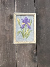 Vtg Framed Needlepoint Embroidery Iris Flowers Floral Art Handmade Gallery Wall