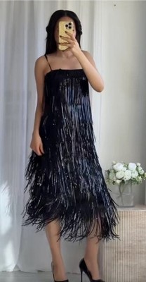 zara black fringe dress Zara Black Sequin Fringe Dress L – The Wardrobe main image 0