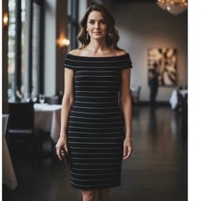 Lauren Ralph Lauren Black Metallic Striped Off Shoulder Sheath Dress Womens M