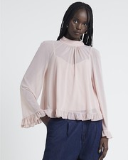 River Island Womens Blouse Pink Chiffon Mesh Frill High Neck Long Sleeve Top