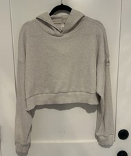 Alo Yoga Gray Ribbed Knit Cropped Pullover Hoodie Logo Accent Women s M Regular