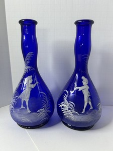 Vintage Pair - MARY GREGORY BARBER BOTTLES - COBALT BLUE - Hand Painted