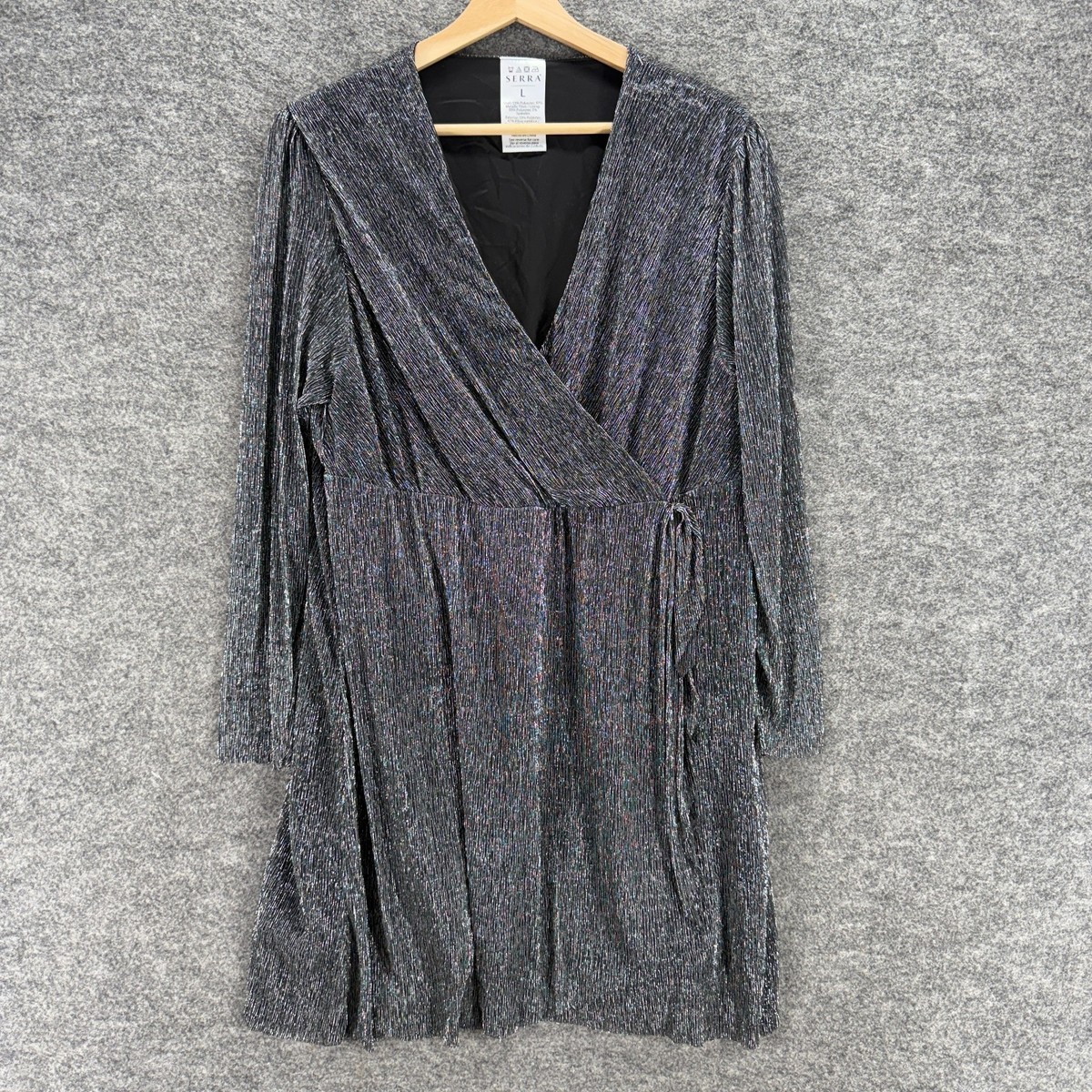 Serra Wrap Dress Women L Large Gray Short Lined Tasseled Long Sleeve Tie Up