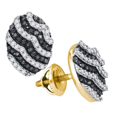 Oval Cluster-Streifen-Ohrstecker 0,45 kt schwarzer weißer Diamant 10 kt Gelbgold