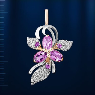 Red/White Gold 585 Pendant with Amethyst, CZ Orchid New Shiny. 