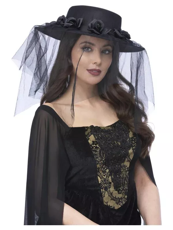 Gothic Black Widow Funeral Hat with Roses & Veil Accessory Adult Halloween  | eBay