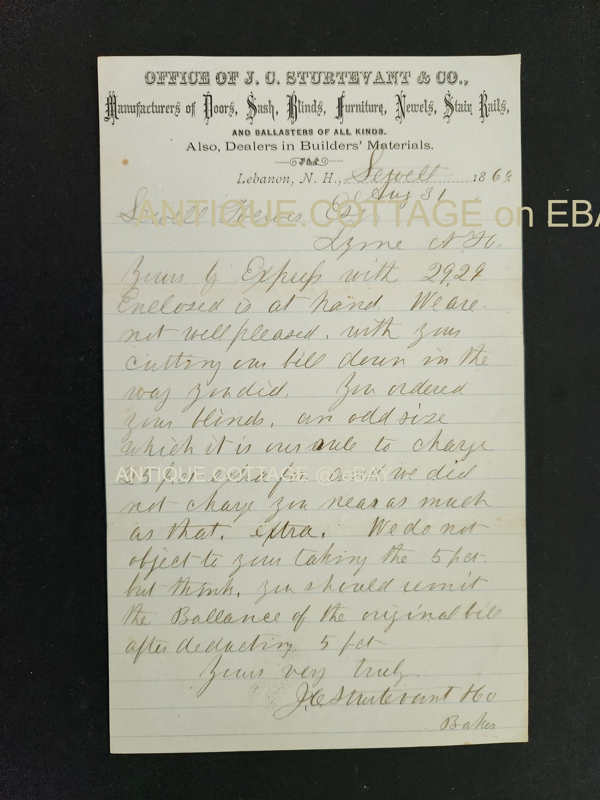1869 antique LETTER lebanon nh J C STURTEVANT & CO ballister bldg