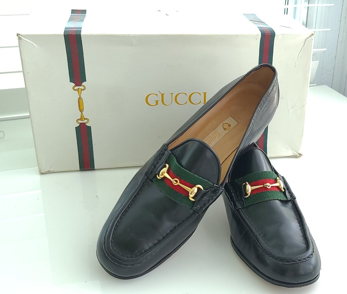 80's GUCCI Black Leather Loafers GREEN RED WEB STRIPE 80's GUCCI Black Leather Loafers GREEN RED WEB STRIPE