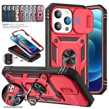 For iPhone 16 Pro Max 15 14 13 12 11 Ring Holder Card Slot Case Slide Lens Cover