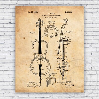 Cello String Music Instrument Patent Blueprint Wall Art Print - Size Options