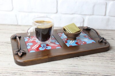 HANDMADE UNIQUE TILE PAINTED WOODEN SERVING TRAY WITH HANDLES   BOHO DECOR