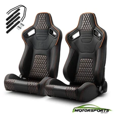 Pair of PVC Carbon Fiber Leather Reclinable Racing Seats W/Silders Orange+Black