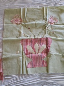 Appliqued Flowers Vase Pillow Front Unfinished Wall Hanging Green Pink 