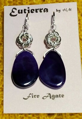 Eutierra Semi Precious Deep Purple Fire Agate Silver Plated Earrings 2 1/2'' USA