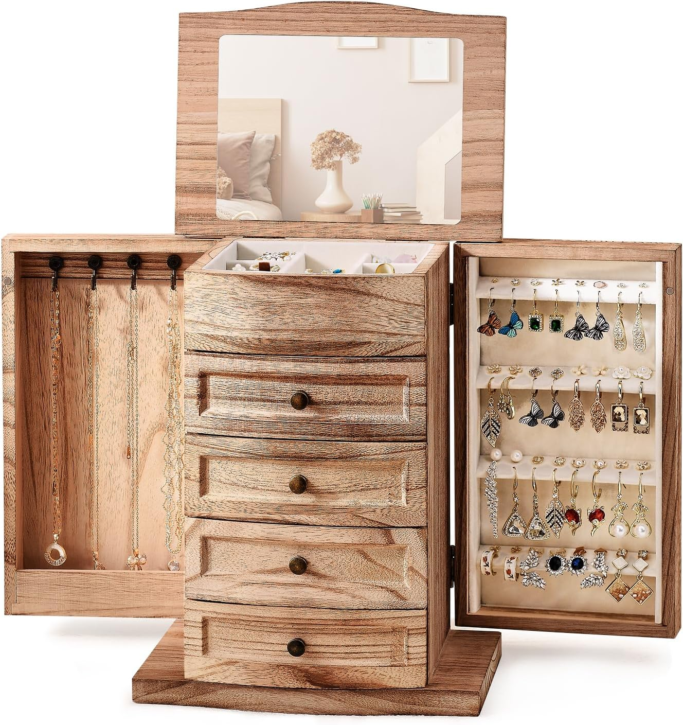 Elegant Wooden Jewelry Box with Mirror and Drawer for Women-image