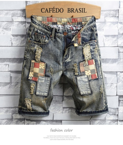 Men Retro Style Ripped Denim Shorts 