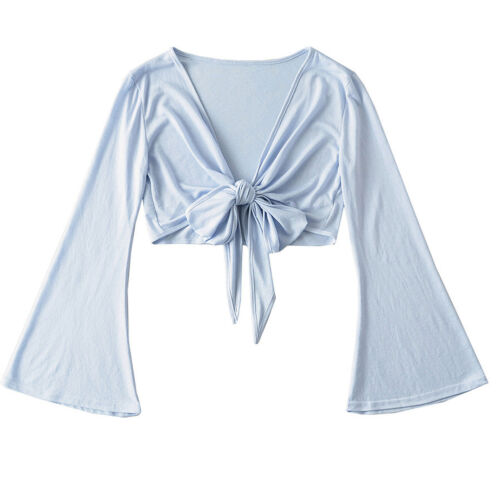 Women Ballet Wrap Top Long Flare Sleeve Yoga Dance Crop V Neck Soft Shirts - Picture 11 of 30