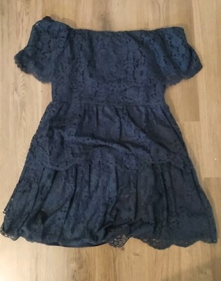 ELIZA J Size 12 Floral Navy Blue Lace Dress Off Shoulder Ruffled Lace