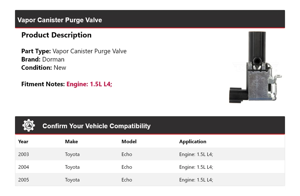 Válvula de purga de bote de vapor Dorman 2004 para Toyota Echo 2003-2005 1,5 L L4 Foto 2 de 4